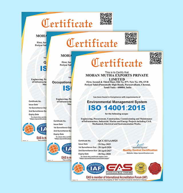 Mohan Mutha Exports Pvt. ltd. is an ISO 9001:2015 (Quality Management System) | ISO 14001:2015 (Environmental Management System) & ISO 45001:2018 Occupational Health & Safety Management System) certified company